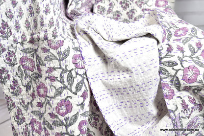 Purple Hand Block Patchwork Kantha Quilt