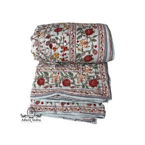 Fruity Grey Red Floral Cotton Padded Kantha Bedspread Quilt Comforter