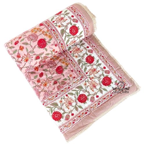 Fruity Pink Red Floral Cotton Padded Kantha Bedspread Quilt Comforter