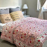 Fruity Pink Red Floral Cotton Padded Kantha Bedspread Quilt Comforter