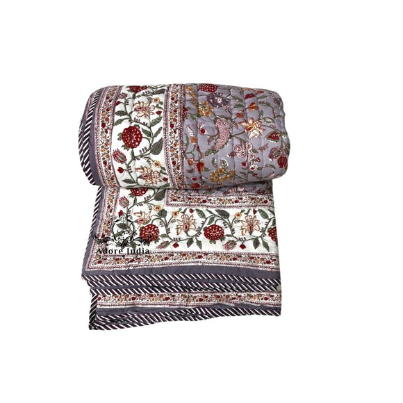 Fruity Purple Floral Cotton Padded Kantha Bedspread Quilt Comforter