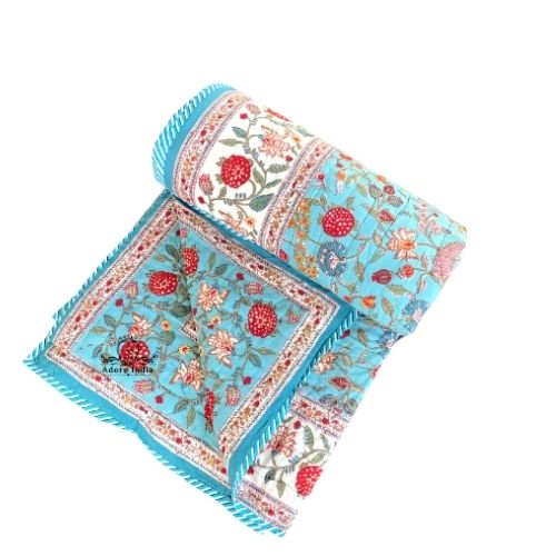 Fruity Turquoise Floral Cotton Padded Kantha Bedspread Quilt Comforter