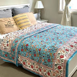 Fruity Turquoise Floral Cotton Padded Kantha Bedspread Quilt Comforter
