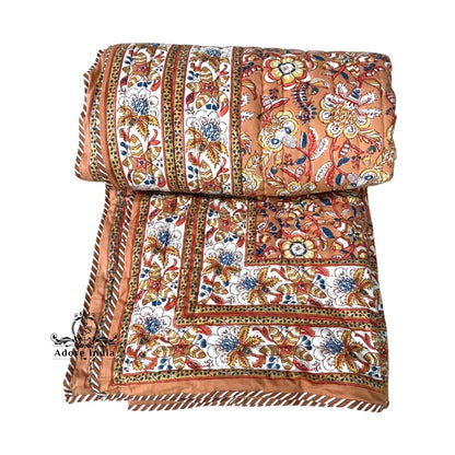 Gold Ganesha Floral Cotton Padded Kantha Bedspread Quilt Comforter