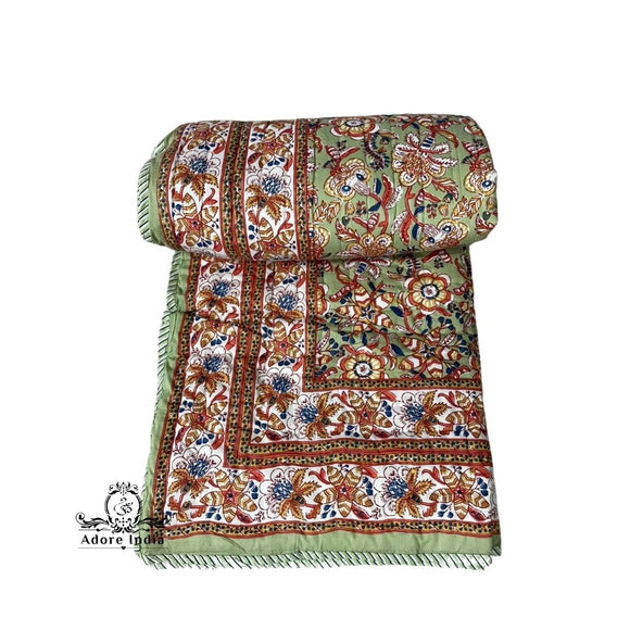 Green Ganesha Floral Cotton Padded Kantha Bedspread Quilt Comforter