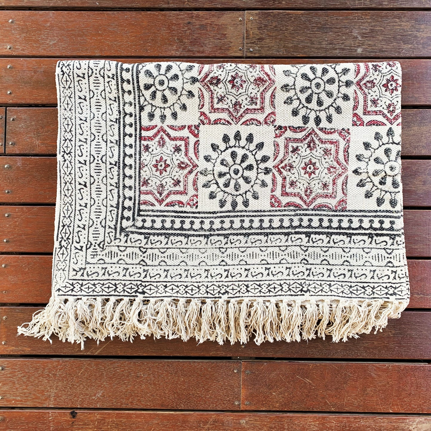 Beautiful Hand Made Shri Mandala Block Print Cotton Dari Carpet
