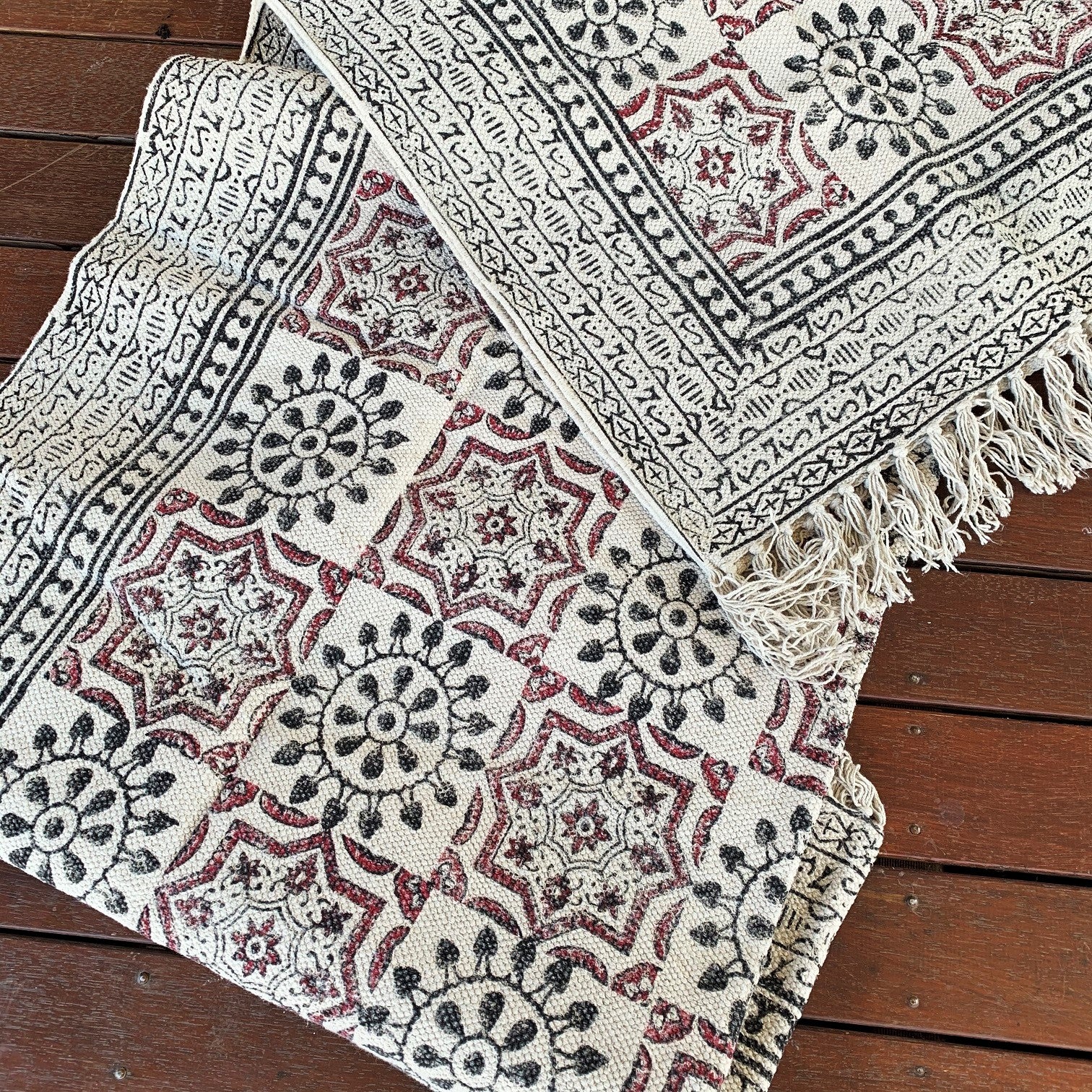 Beautiful Hand Made Shri Mandala Block Print Cotton Dari Carpet