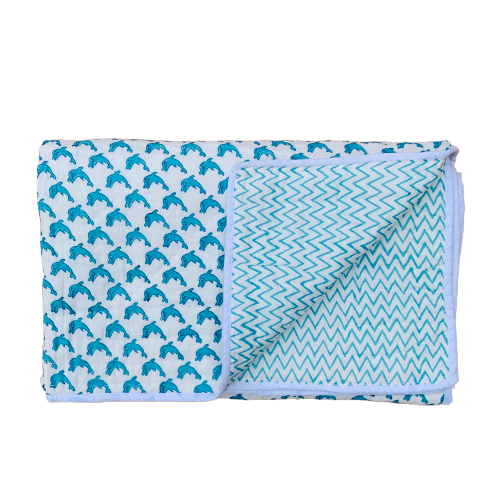 Blue Fish Print Cotton Reversible Padded Baby Quilt Bedspread