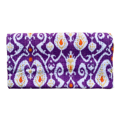 Indian Handmade Purple Paisley Ikat Print Kantha Quilt Bedspread