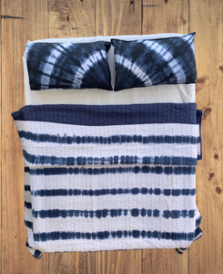 Handmade Indigo Tie dye Stripe Quilted Reversible Kantha Quilt