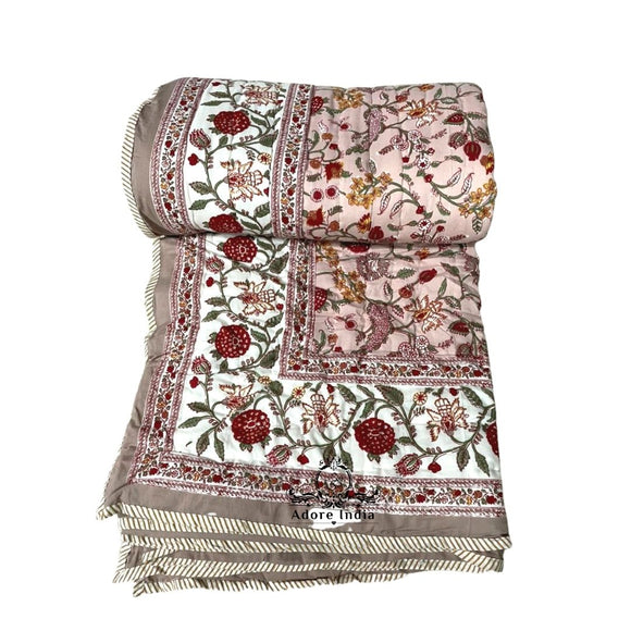 Fruity Pink Brown Floral Cotton Padded Kantha Bedspread Quilt Comforter