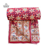 Red Ganesha Floral Cotton Padded Kantha Bedspread Quilt Comforter