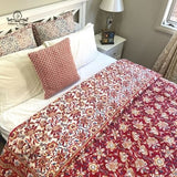 Red Ganesha Floral Cotton Padded Kantha Bedspread Quilt Comforter