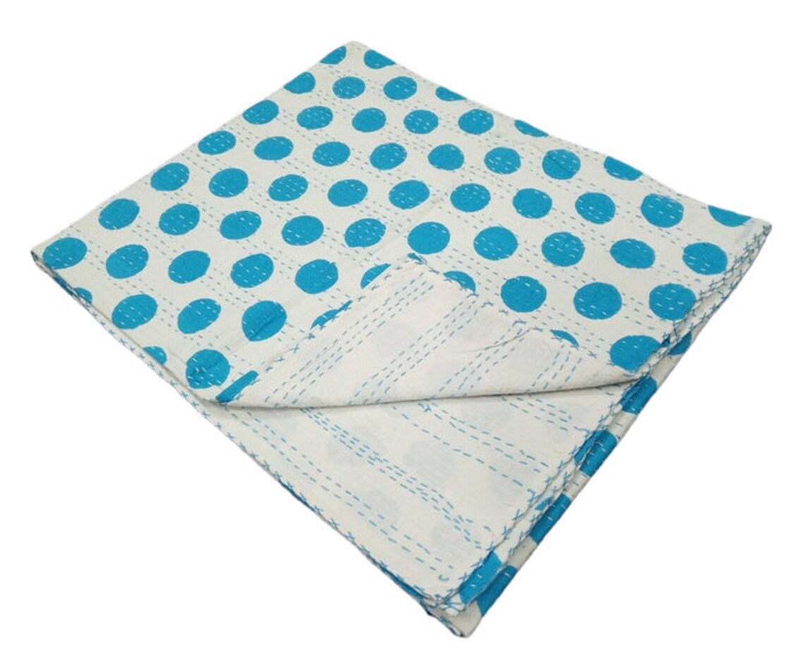 Handmade Turquoise Polka Dot Cotton Reversible Kantha Quilt Reversible Quilt Bedspread Throw - Adore India   