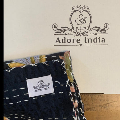 Hand Made Black Flower Printed Cotton Reversible Kantha Quilt Bedspread Throw Home Decor Art - Adore India   