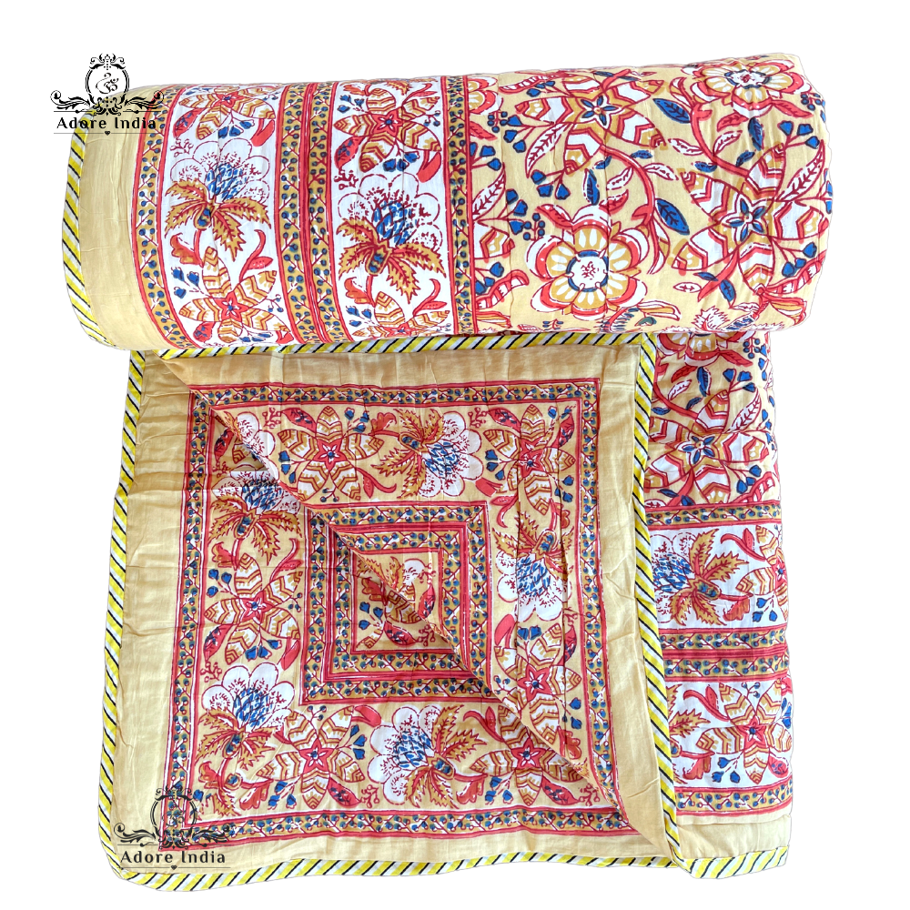 Yellow Ganesha Floral Cotton Padded Kantha Bedspread Quilt Comforter - Adore India   