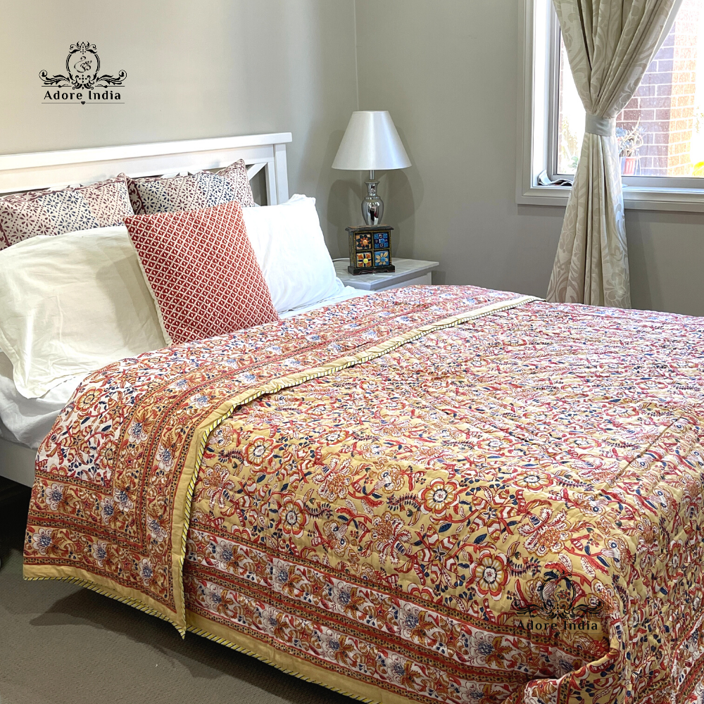 Yellow Ganesha Floral Cotton Padded Kantha Bedspread Quilt Comforter - Adore India   