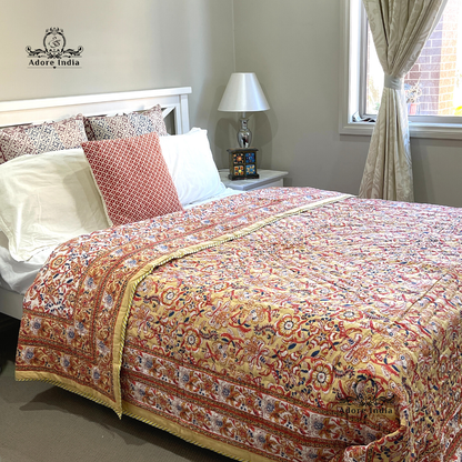 Yellow Ganesha Floral Cotton Padded Kantha Bedspread Quilt Comforter - Adore India   