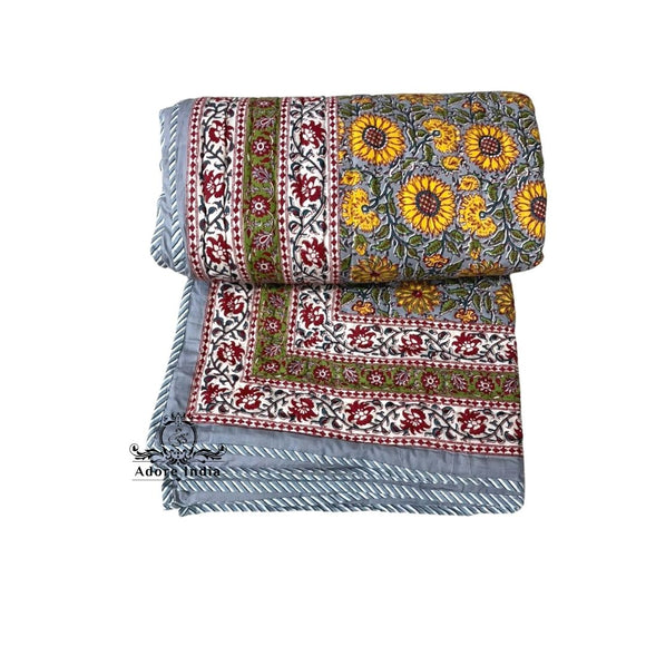 Yellow Grey Floral Cotton Padded Kantha Bedspread Quilt Comforter