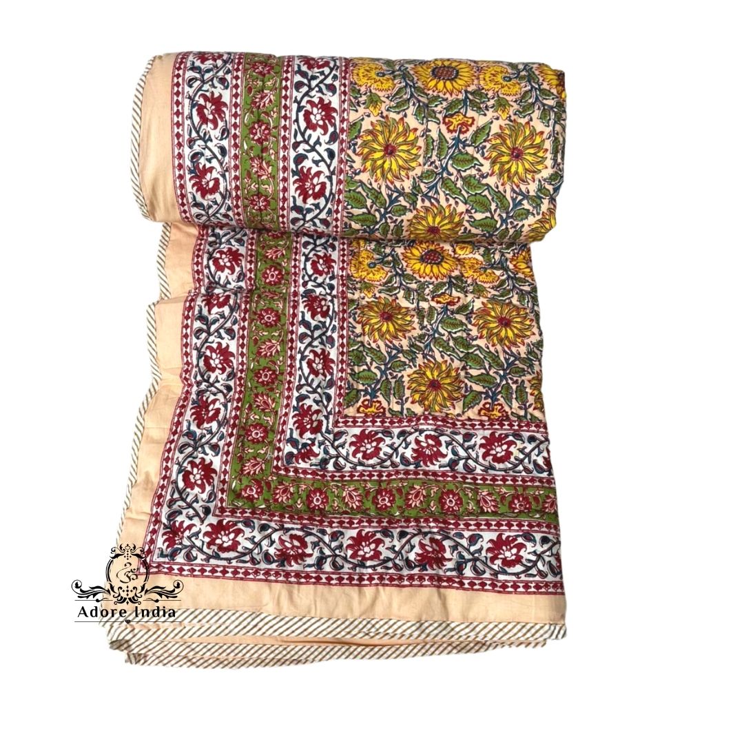 Yellow Peach Floral Cotton Padded Kantha Bedspread Quilt Comforter - Adore India   