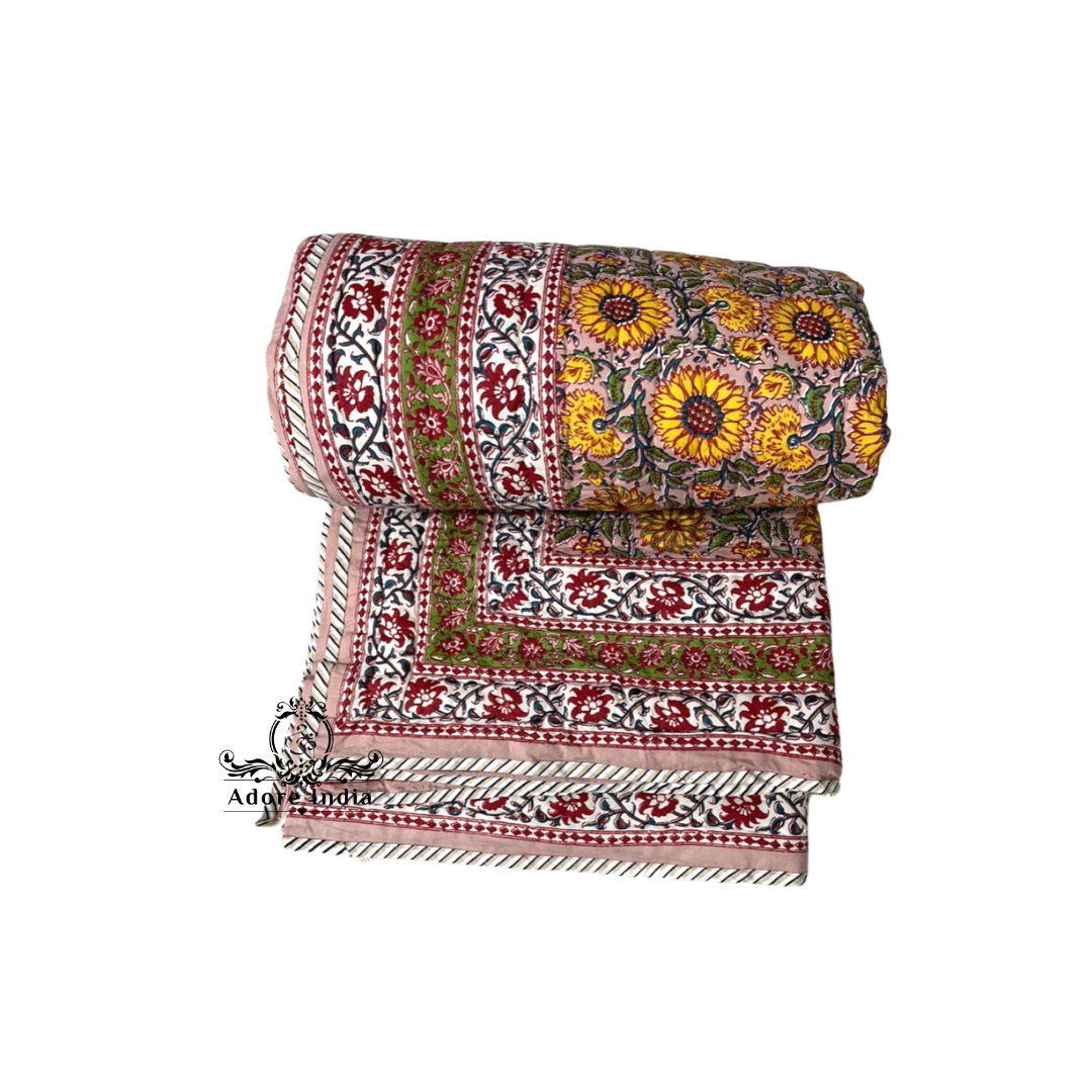 Yellow Pink Floral Cotton Padded Kantha Bedspread Quilt Comforter - Adore India   