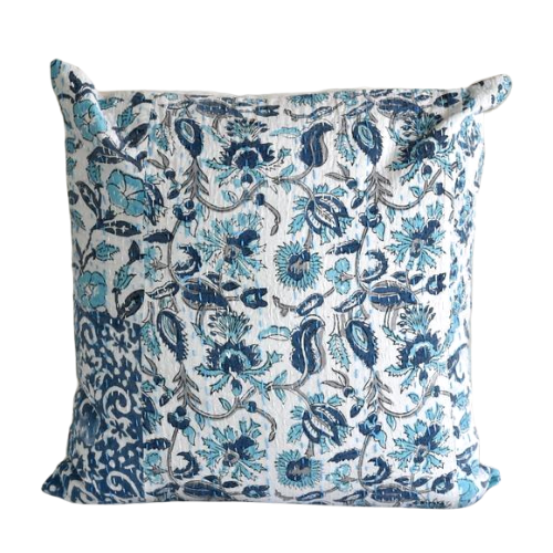 Blue Hand Block Printed Patchwork Cushion Cover