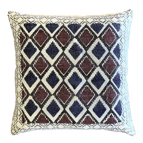 Geometrical Block Print Indigo Burgundy Cotton Dari Cushion Cover Euro Size 65x65cm