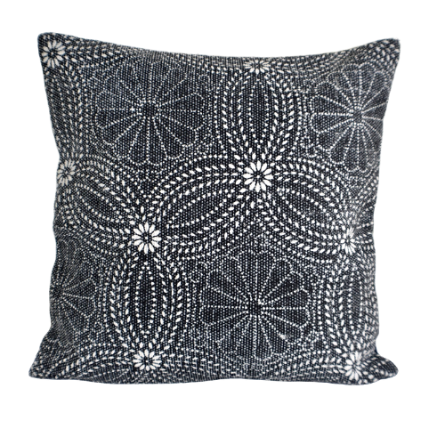 Cotton Black Flower Block Print Cotton Dari Cushion Cover 45cm