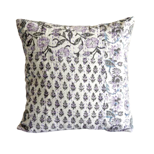 Purple Hand Block Printed Patchwork Cushion Cover - Adore India   