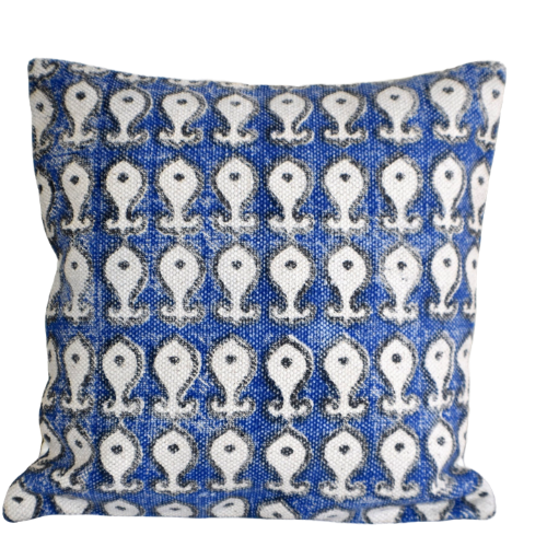 Indigo Block Print Cotton Dari Cushion Cover 45cm - Adore India   