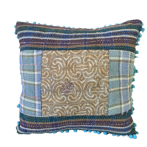 Indian Hand Made Vintage Kantha Patch Work Pomom Cushion Cover 45cm
