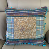 Indian Hand Made Vintage Kantha Patch Work Pomom Cushion Cover 45cm-2