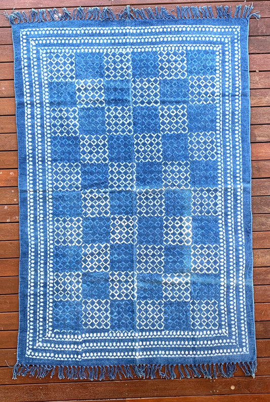 Handmade Geometrical Block Print Net Indigo Cotton Dhurrie Carpet