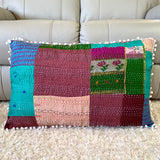 Silk Vintage Kantha Pompom Pillow Cover 7