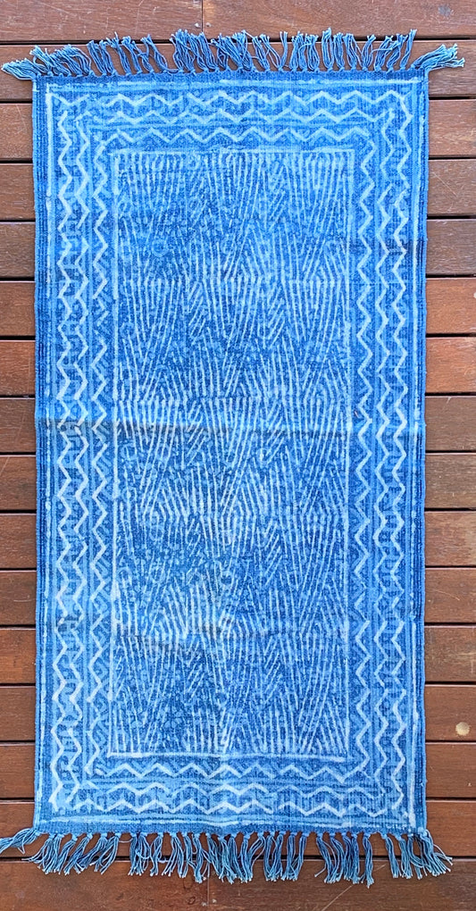 Handmade Stripe Block Print Indigo Cotton Dhurrie Carpet Runner