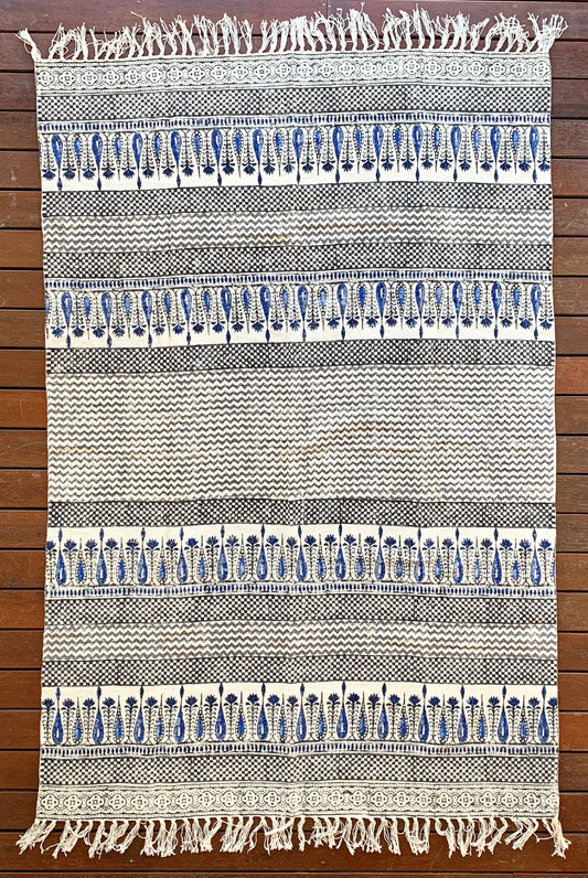 Handmade Beautiful Hand Made Tilak Indigo Block Print Cotton Dari Carpet