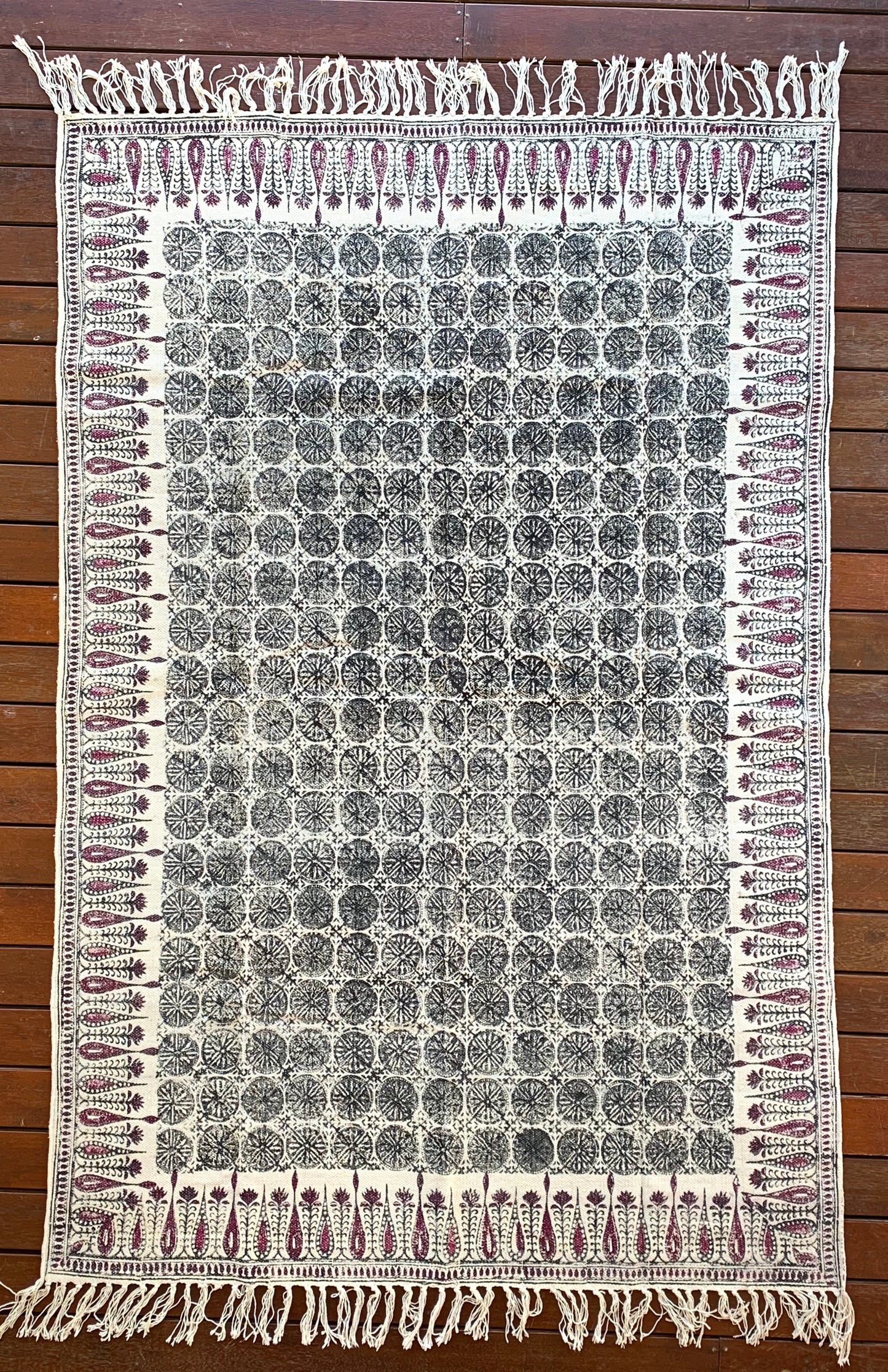 Handmade Beautiful Tilak Burgundy Block Print Cotton Dari Carpet