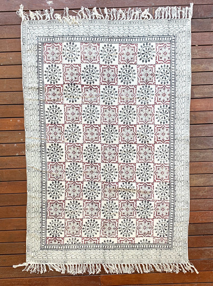 Handmade Beautiful Hand Made Shri Mandala Block Print Cotton Dari Carpet