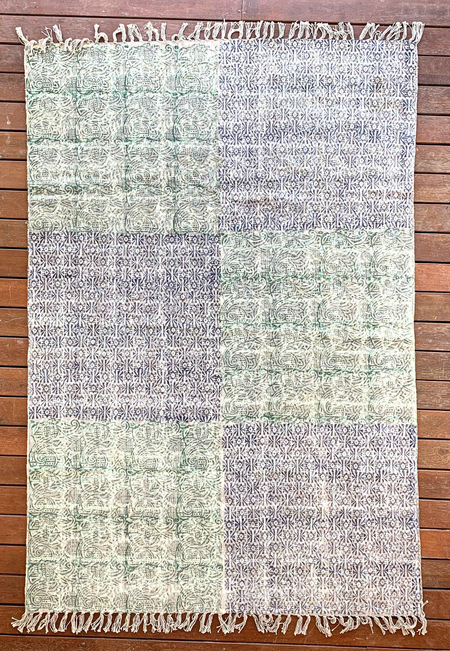 Handmade Olive Indigo Shade Block Print Cotton Dari Carpet