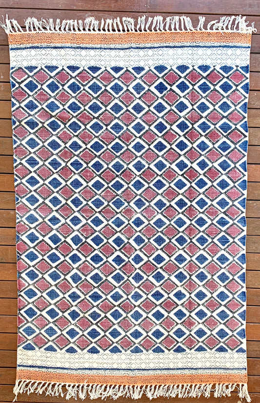 Handmade Beautiful Multi Ikat Block Print Dari Cotton Carpet
