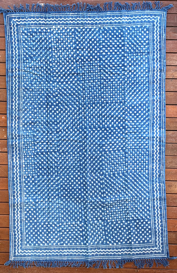 Handmade Geometrical Block Print Polka Dot Indigo Cotton Dhurrie Carpet