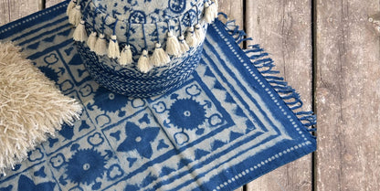 Handmade Geometrical Block Star Print Indigo Cotton Dhurrie Carpet